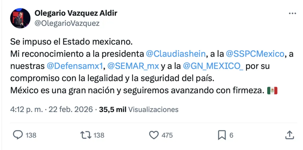 Olegario Vázquez Aldir reconoce estrategia de seguridad.